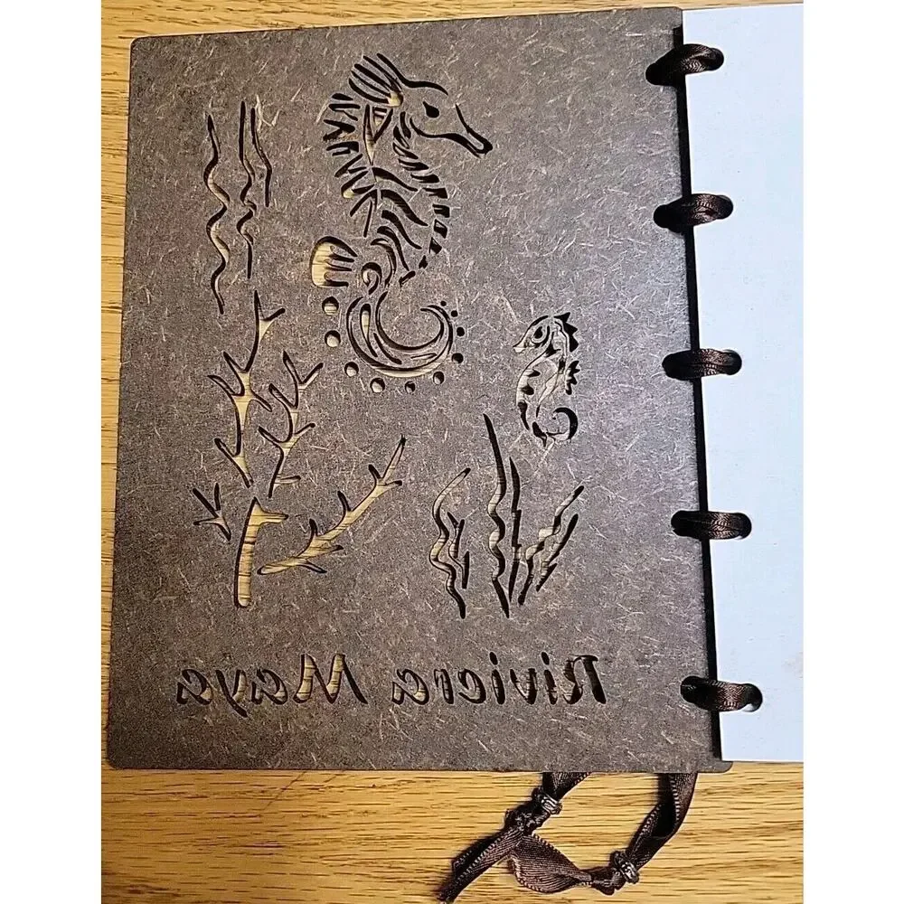 Laser Cut Seahorse Wooden Ribbon Bound Journal Handmade Paper Made In Mexico